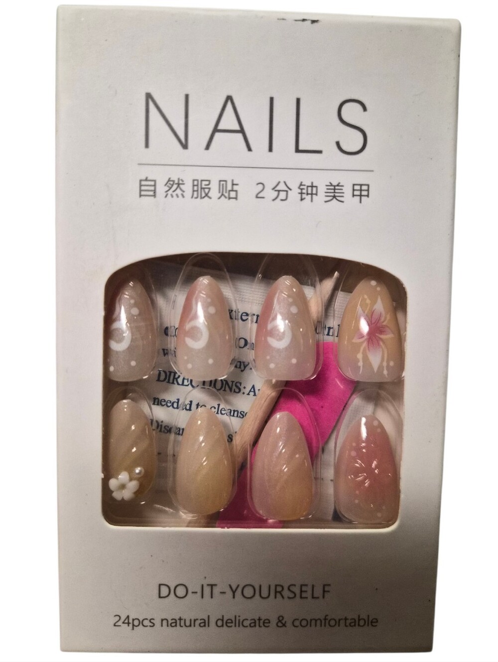 Nude Floral Press On Nails 24 Pc Almond Pink White Flower Design